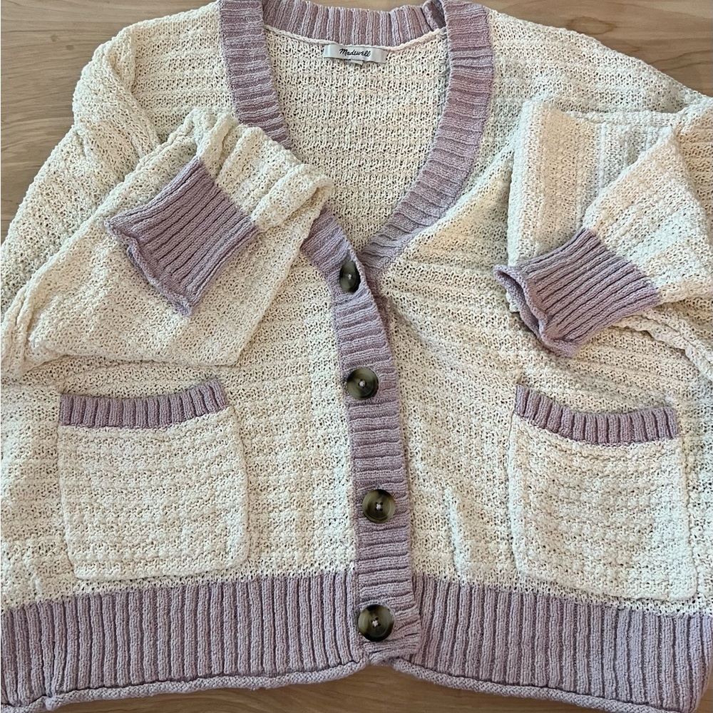 Madewell Cream Cardigan with Lavender Trim